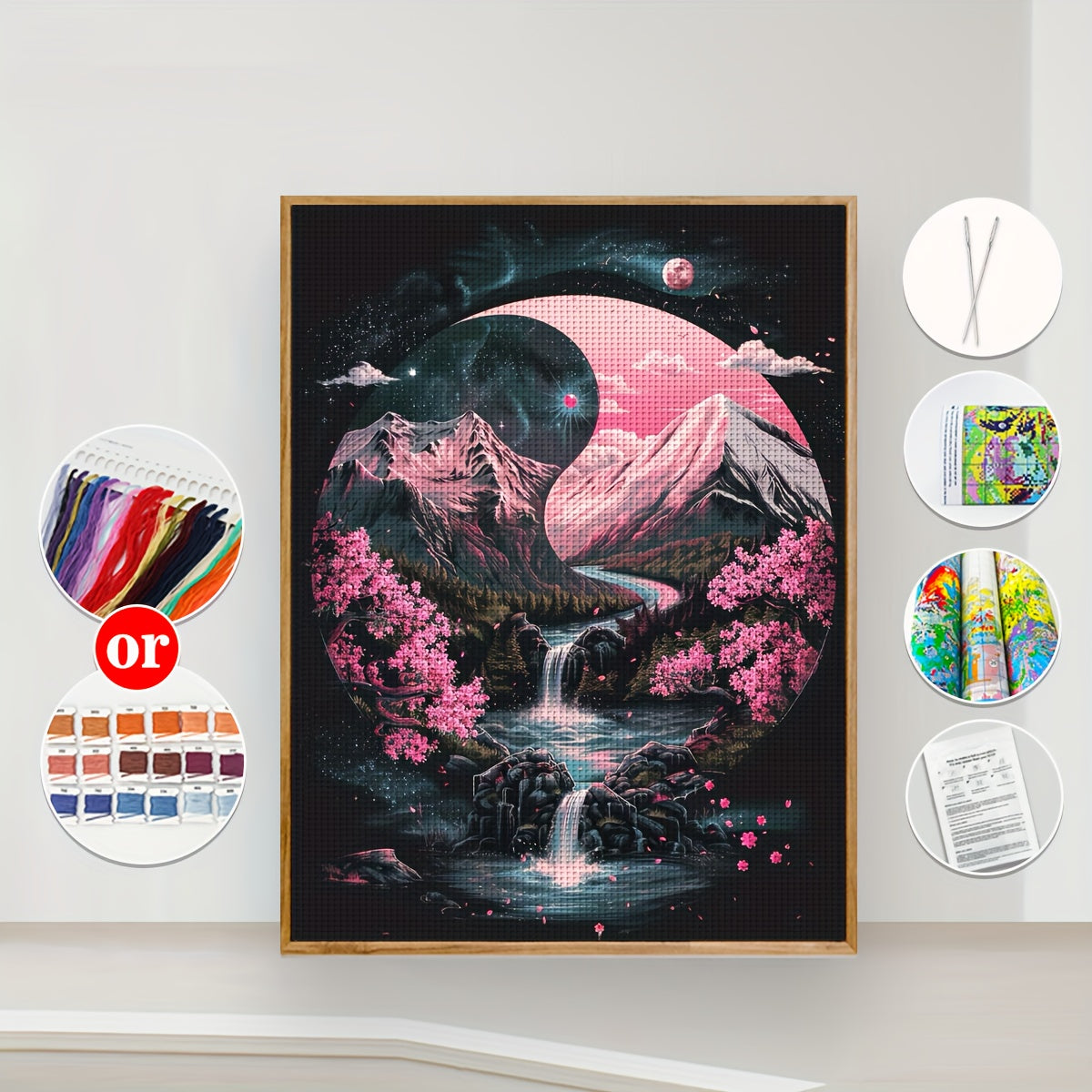 1pc JOZYSH 11x15.7" Night Landscape Cross Stitch Kit - Serene Mountain, Waterfall & Cherry Blossom Scene, Includes Canvas, Threads, Needle & Instructions - Ideal for Beginners, Perfect Gift for Friends & Family, Relaxing DIY