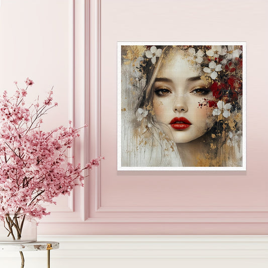 1 Set ZUOANLF 40x40cm/15.7x15.7" Frameless Cross Stitch Kit for Adults & Beginners - Complete DIY Embroidery Set with Printed Fabric, Threads, Needles, Hoop-Free Lady Face/Jewelry Chart - Handmade Art Gift, All-Season (Golden