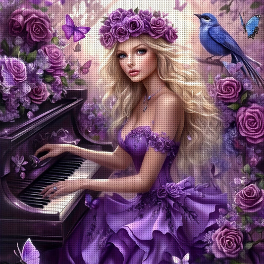 ZUOANLF 1set 50x50cm/19. 7x19. 7Inch DIY Cross Stitch Kit Frameless, The woman playing the piano, stamped cross stitch kits, Embroidery Set for Home Decor, Includes Patterned Fabric & Threads, Perfect for Living Room Entrance