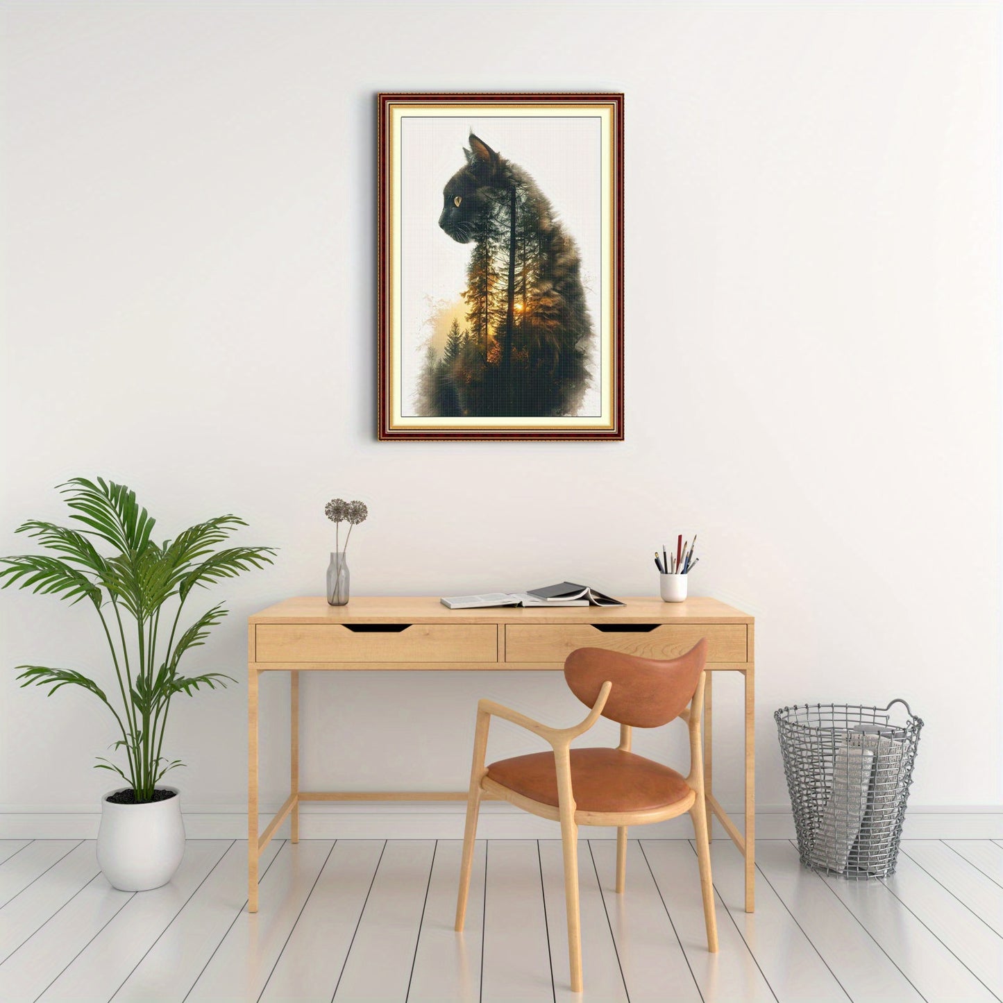 Cat Cross Stitch Kit 40x60cm (15.75x23.62in) 11CT Fabric Craft Set with Pre-Printed Canvas, Threads & Needles - Black Cat with White Paws & Green Eyes, All-Season Home Decor Art for Adults & Teens, Complete Step-by-Step Instr