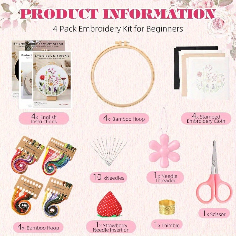 4 Pack Flower Embroidery Kit Adults, Floral Pattern Embroidery Kit Beginners Practice Kits with Hoop, Threads, Scissors, Threader, Needle Insert, Thimble, and Needles Sewing, Stamped Cross Stitch Kits, Cute Flowers and Plants