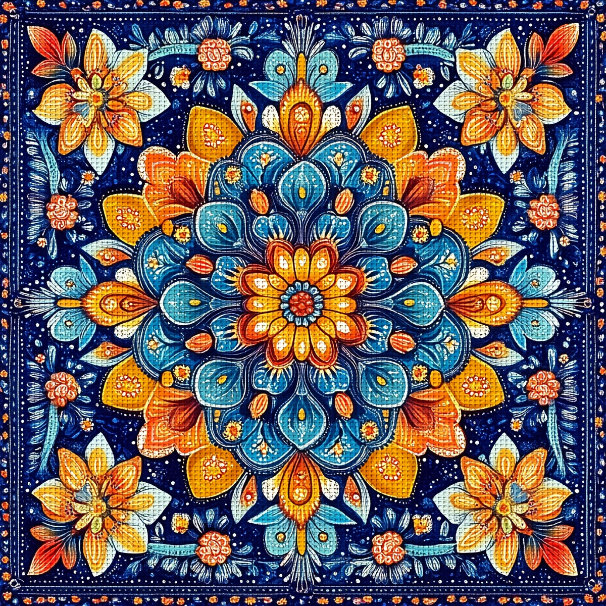 1pc JOZYSH 11CT/14CT Floral Tapestry Cross Stitch Kit - 15.75x15.75inch, Vibrant Blue & Orange Flower Design, Includes Printed Canvas, Needles, Threads, Patterns & Instructions - Ideal for Beginners, Perfect for Home & Office