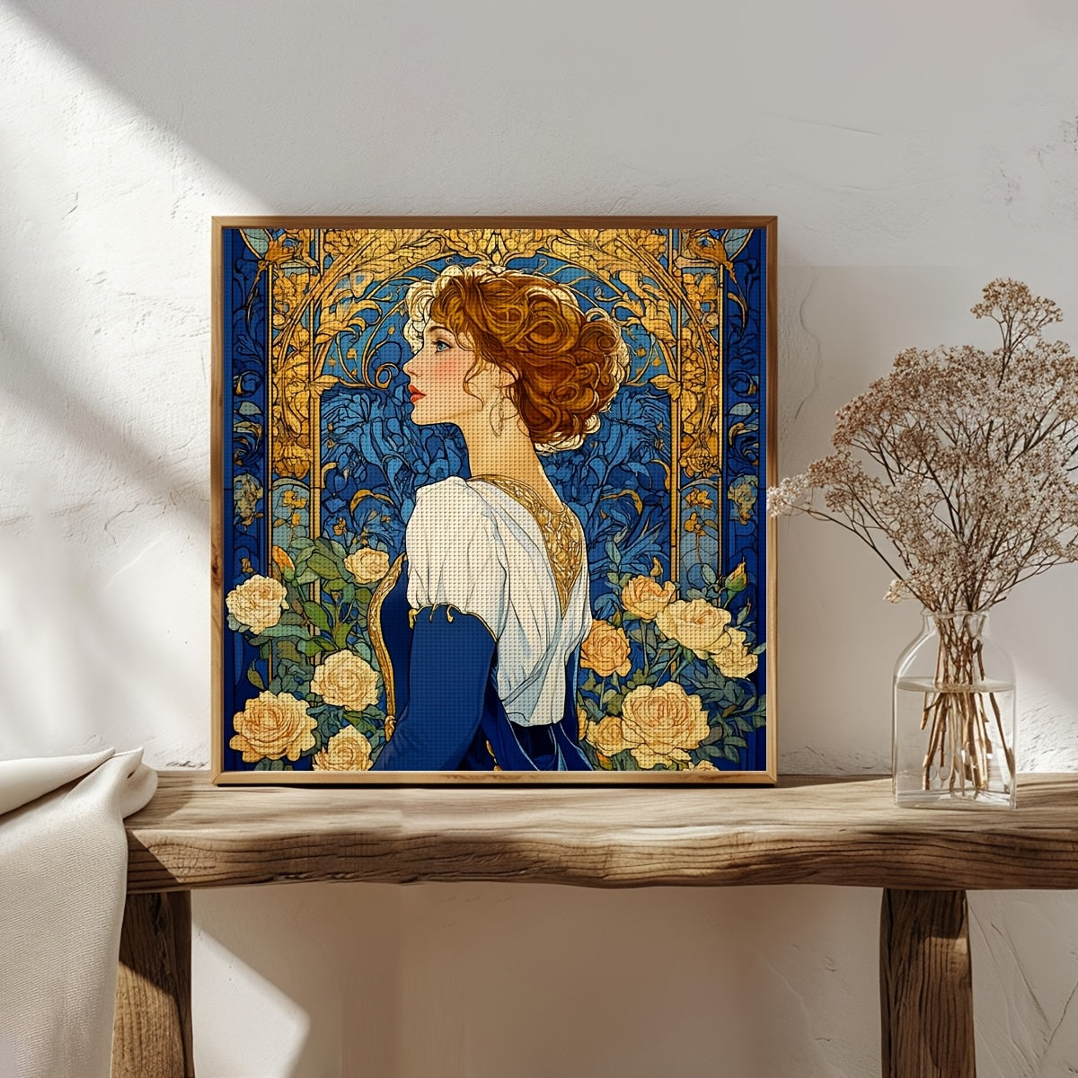 ZUOANLF 1pc 40x40cm/15.7x15.7in Elegant Lady in Front of Roses Cross Stitch DIY Kit - 11CT/14CT, All-Season Wall Decor for Bedroom & Living Room, Includes Canvas, Needle, Thread, Pattern, and Instructions, Perfect Gift for Be