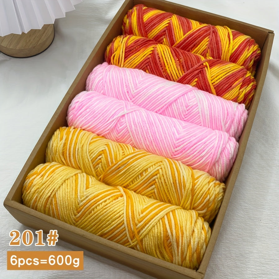 6pcs Multicolor Ombre Yarn Set | Soft Comfortable Self-Striping Acrylic Yarn for Knitting and Crochet, Ideal for Sweaters, Scarves, Hats, Gloves, Blankets, Handbags, Slippers - 600g Medium Weight