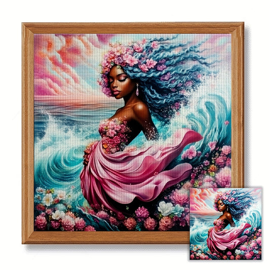 JOZYSH 1pc 40x40cm/15.7x15.7in Cross Stitch DIY Kit - Vibrant Wave & Flower Design with Black-Haired Woman, 11CT/14CT Embroidery Pattern for Beginners, Perfect for Bedroom or Living Room Wall Decor, Includes Canvas, Needle, T