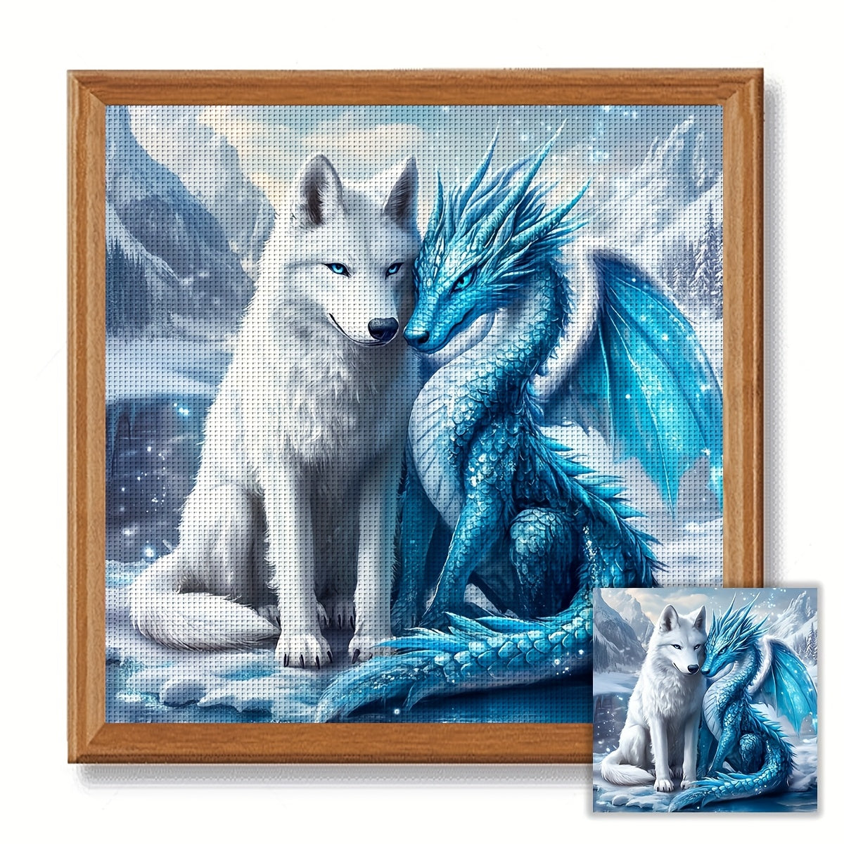 JOZYSH 1pc 30x30cm/11.8x11.8in Ice Dragon & White Wolf Cross Stitch DIY Kit - 11CT/14CT, All-Season Animal-Themed Fabric Wall Art for Bedroom, Living Room, Perfect Gift with Printed Canvas, Needle, Thread, Pattern, and Instru