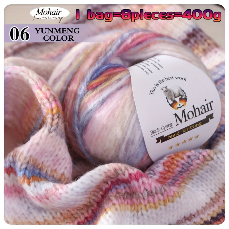1 Bag = 8 Balls = 400g Multicolor Self-Striping Mohair Yarn | Fashion Sweaters, Coats, Shawls, Trench Coats, Scarves, Hats, Gloves, Clothing Accessories - Polyester 80%, Wool 10%, Nylon 10%