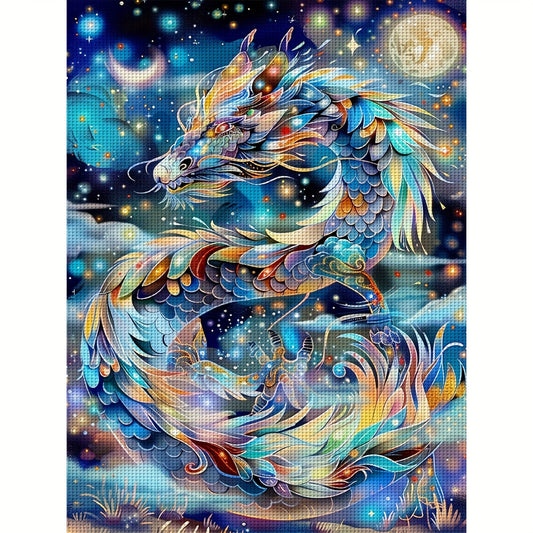 1 Set - Starry Night Dragon Cross Stitch Kit, DIY Colorful Needle and Thread Art, 11CT Cross Stitch Fabric Craft Kit with thread, Needles, and Instructions, Size 14.17×18.11 Inches.