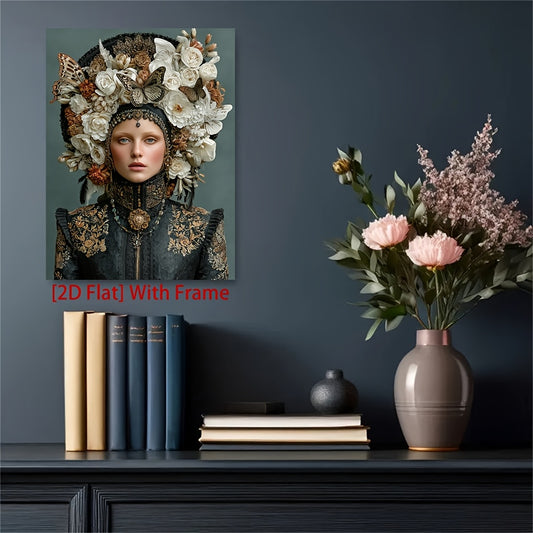 1pc Framed Lady in Butterfly Hat Wall Art - 12x16 Inch Modern Gothic Woman Painting with Floral & Jewel Portrait, Surreal Boho Decor, Frame & Wrapped Canvas Print for, Bedroom, Office - Victorian-Inspired, 2D Flat, Cross Stit