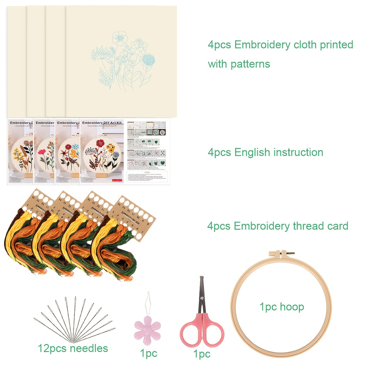 4pcs Embroidery Kit with Floral Pattern And Instructions Hoops Floss Threads Needles, 3 Pack Cross Stitch Kits Embroidery Starter Kit Hand Embroidery Kit for Beginners
