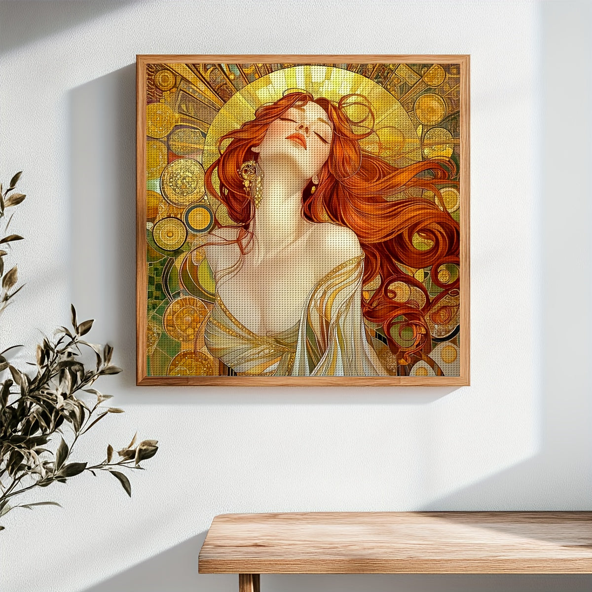 JOZYSH 1pc 15.75x15.75inch DIY Cross Stitch Kit - Vibrant Red-Haired Woman with Golden Earrings, Intricate Patterns, Perfect for Living Room or Bedroom Decor, All-Season Home Art Gift, Seasonal Home Decor|Vibrant Artwork|Deta