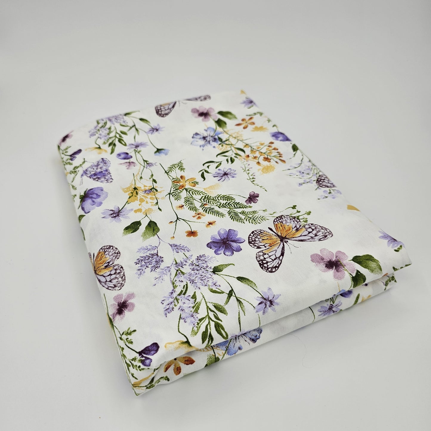 1pc Extra Long 39.4x63 Inches Large Roll - Pastel Floral fabric with Butterflies, Lilac, Violet, Orange, Yellow, Green, Purple, Pink, White - Pre-Cut Crafting Cloth for DIY Sewing Projects, Cushion Covers, Tablecloths, Curtai