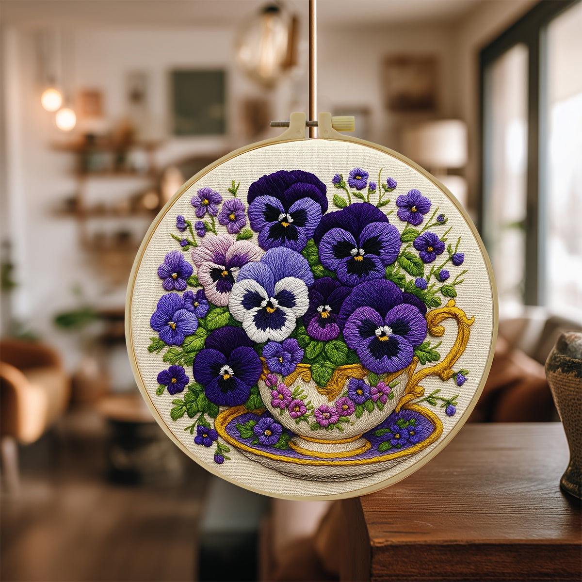 1pc ZUOANLF Floral Embroidery Kit - Vibrant Pansy Design with Purple, White & Green Flowers, Golden Accents, Includes Embroidery Hoop, Threads, and Instructions - Ideal for Beginners, Perfect for Home Decor or Gift, 7.9x7.9 I