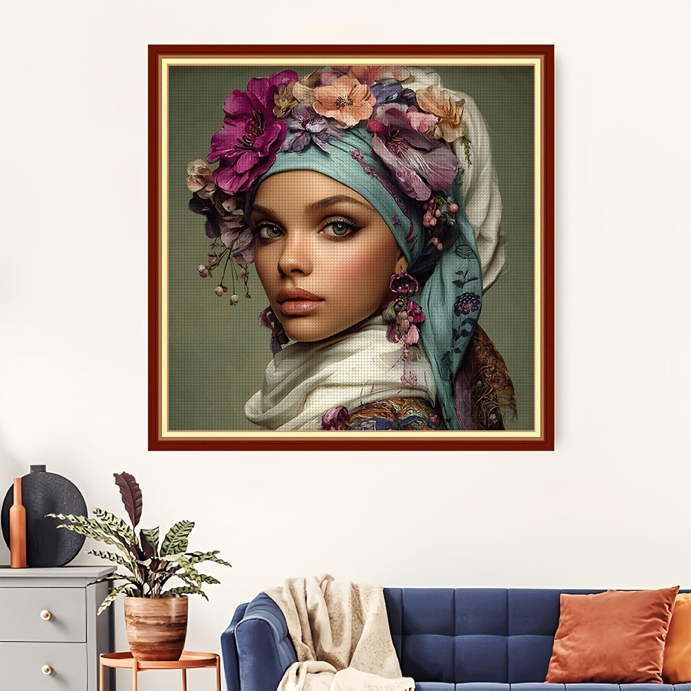 Complete DIY Cross Stitch Craft Set with Floral Patterns - Full Kit with Canvas, Preprinted Fabric Threads & Step-by-Step Guide for Home Decor, Birthday/Anniversary Gifts - All-in-One Framed-like Display - Floral Cross Stitch