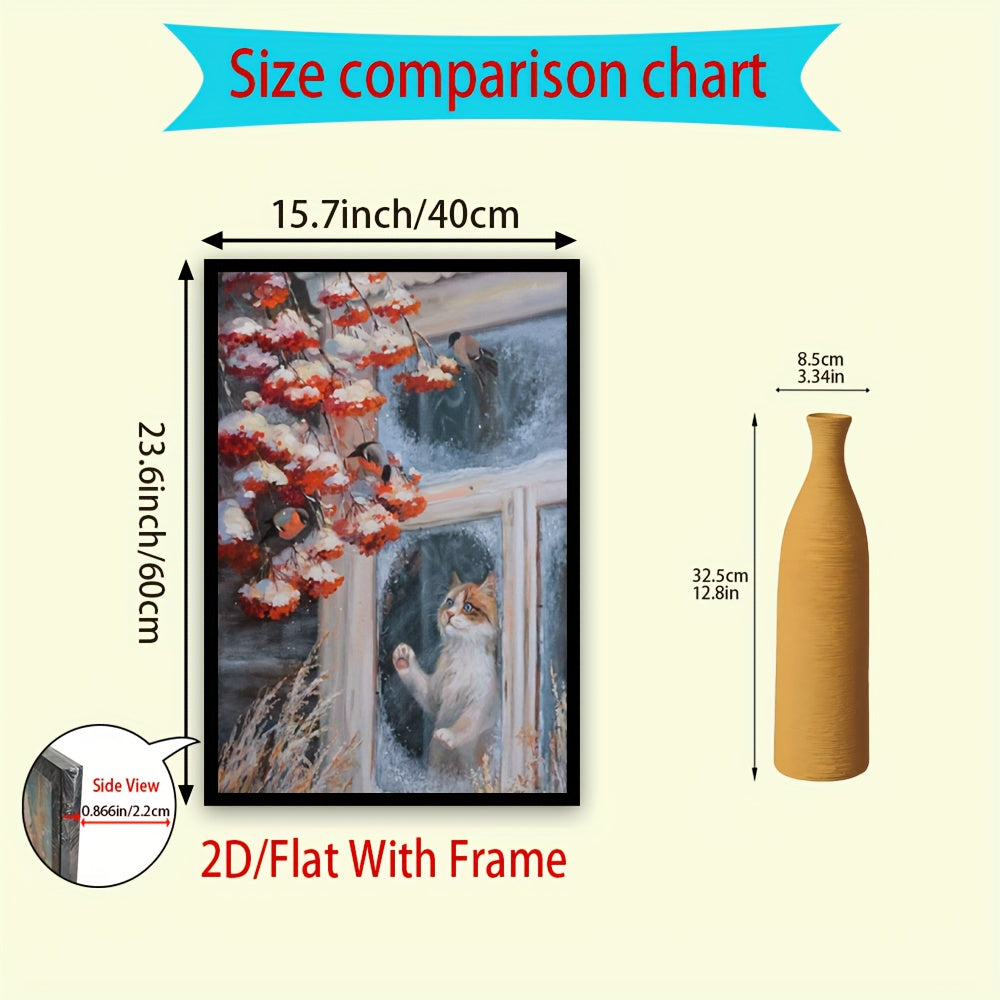 2D Flat, Framed Cat & Birds Winter Window Scene Canvas - Modern Classic Vertical Wall Art with White Kitten & Red Berries, Cozy Snowy Home Décor for Living Room, 2D Flat, Christmas Cross Stitch Kits, Christmas Wall Art, Chri