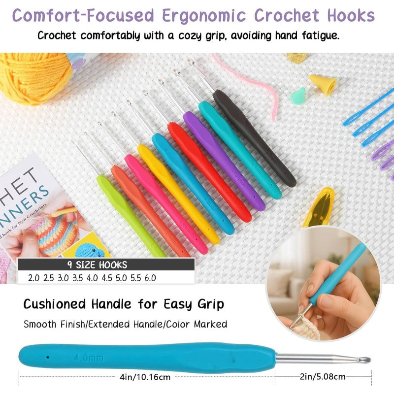 Beginner Crochet Kit u2013pcs Starter Set with 15 Colorful Yarns, Ergonomic Hooks, Complete Supplies, White Tote Bag, Accessories Case, Guide Book Online Video Lessons