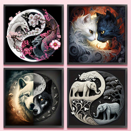 4pcs 11CT Stamped Cross Stitch Kit Yin-Yang Diagram DIY Full Embroidery Thread Needlepoint Craft with Printed Canvas, Fantasy Nature Scenery Wall Art for Home Office Decoration, Perfect Gift for Christmas, Anniversary, Housew
