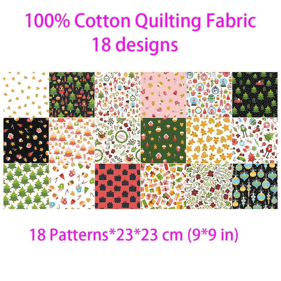 100% Cotton 18 Patterns 23x23cm (9x9in) Quilting Fabric Squares, Merry And Joyful Christmas Motifs Cotton Craft Cloth Blocks, Quilting Supplies For DIY Sewing, Holiday Home Textiles Handmade Fabric