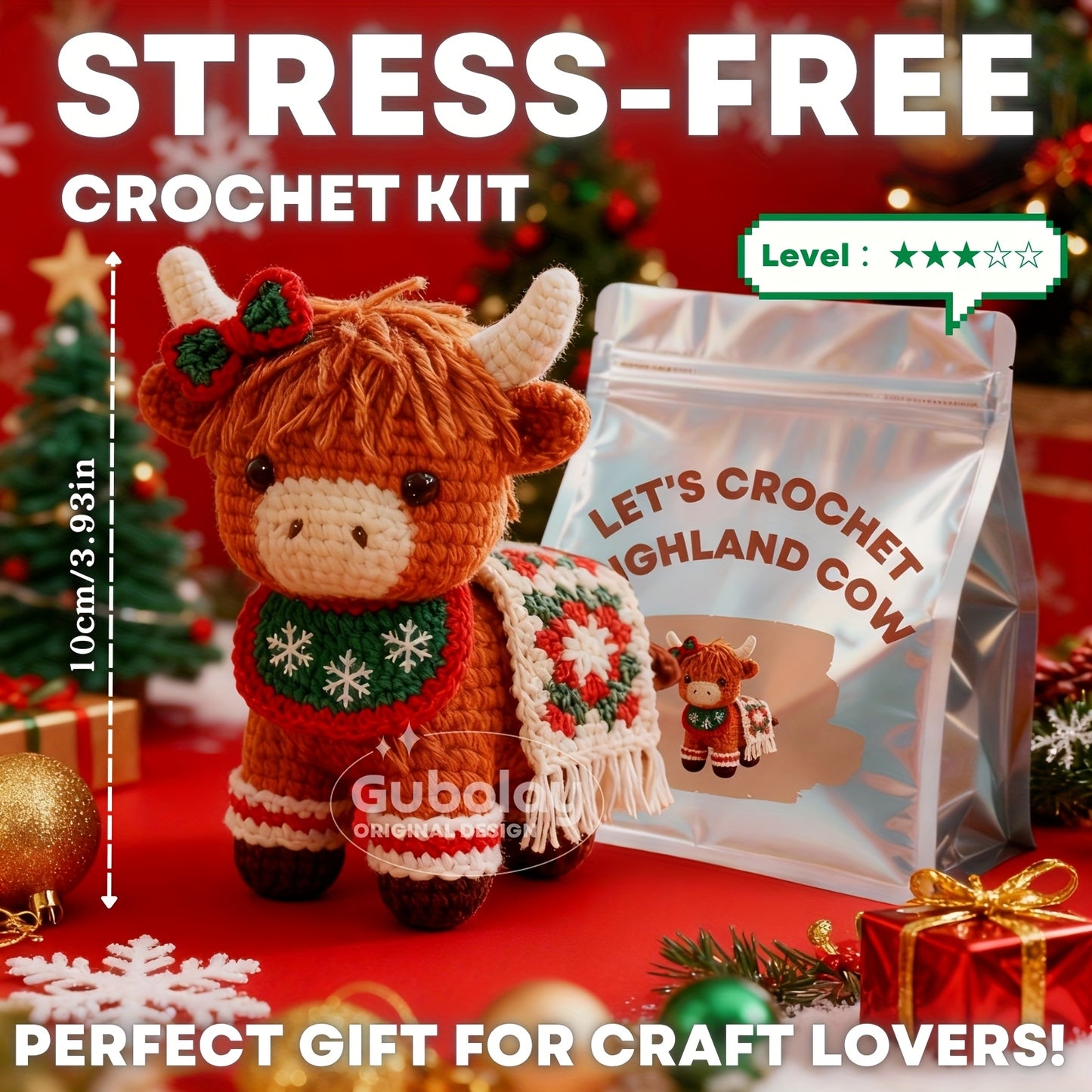 Christmas Highland Cow Crochet Starter Kit for Beginners - Step-by-Step Video Tutorial, Includes Pattern Guide, Soft Yarn & Hook with Accessories, Cute Amigurumi Animal Doll Design, Perfect Holiday Gift for Knitting Enthusias