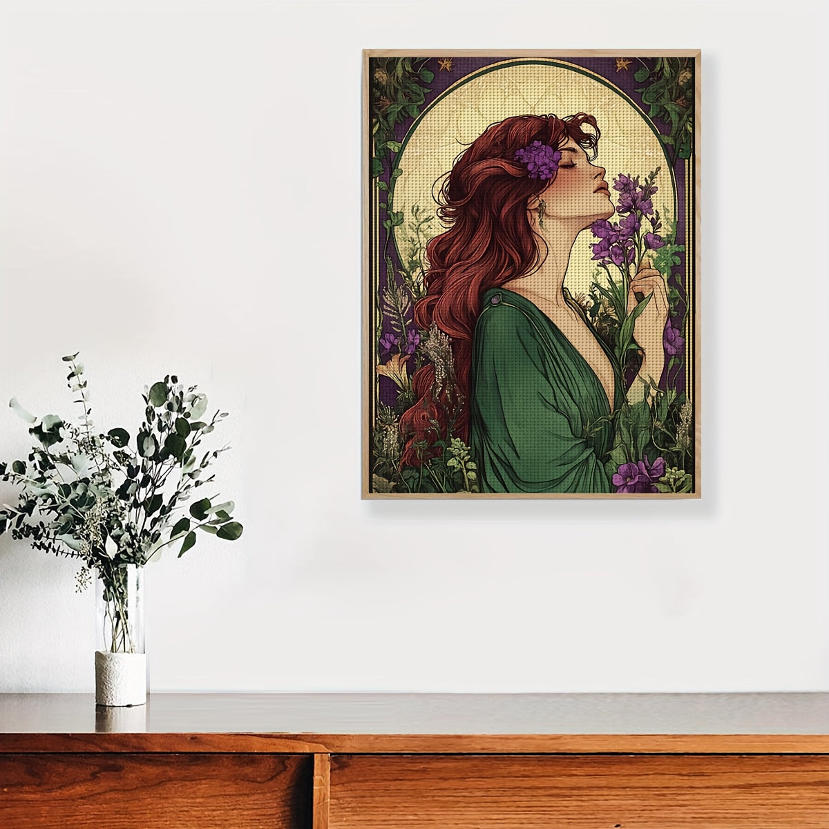JOZYSH 1pc Lavender & Woman Cross Stitch Kit, 11CT/14CT Pre-Printed Fabric Pattern with Random Stitches, Ideal for Living Room, Entryway, Bedroom Decor - Romantic Red-Haired Woman with Lavender, 30x40cm/11.8x15.7in/40x50cm/15