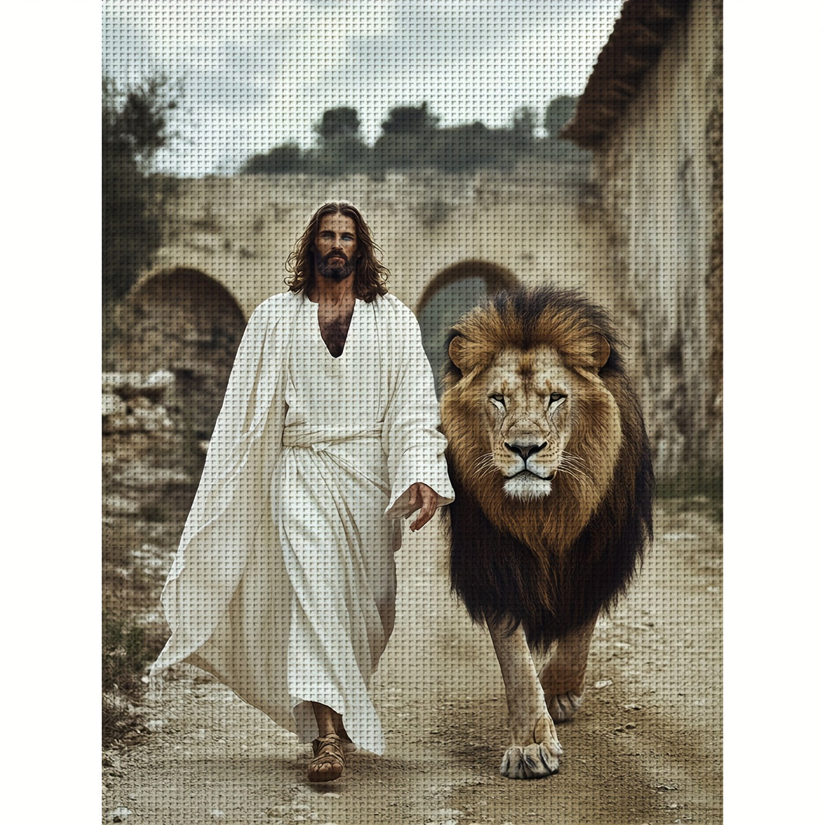 1pc JOZYSH Jesus and Lion Religious Cross Stitch Kit - Complete DIY Set with Printed Canvas, Threads, Needles & Instructions, 30x40cm/40x50cm (11.8x15.7in/15.7x19.6in) Handmade Christian Wall Art, Lion of Judah Gift for s &,