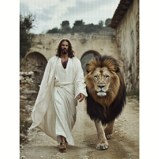 1pc JOZYSH Jesus and Lion Religious Cross Stitch Kit - Complete DIY Set with Printed Canvas, Threads, Needles & Instructions, 30x40cm/40x50cm (11.8x15.7in/15.7x19.6in) Handmade Christian Wall Art, Lion of Judah Gift for s &,