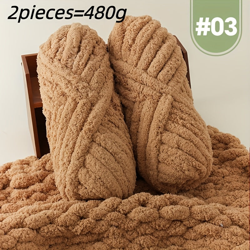 Extra Large Plush Cat Tail Chenille Yarn, Two Skeins per Pack (Total 480g, 16.93oz), for Hand Knitting and Crocheting - Fluffy Soft Giant Bulky yarn. Ideal Thumbneedle Yarn for DIY Blankets, Pet Beds, Rugs, Pillows & Home Dec