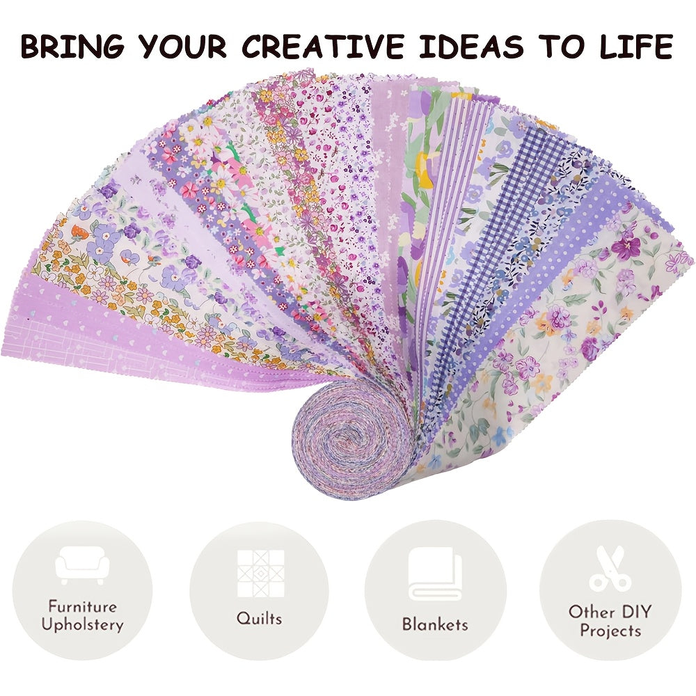 40pcs Purple Garden Jelly Roll Fabric - 2.5" x 20" Wide Pre-Cut Quilt Strips with Assorted Floral & Checkered Patterns for Quilting, Sewing, DIY Crafts, Jelly Roll Fabric for Quilting, Sewing Projects, Vibrant Pattern Variety