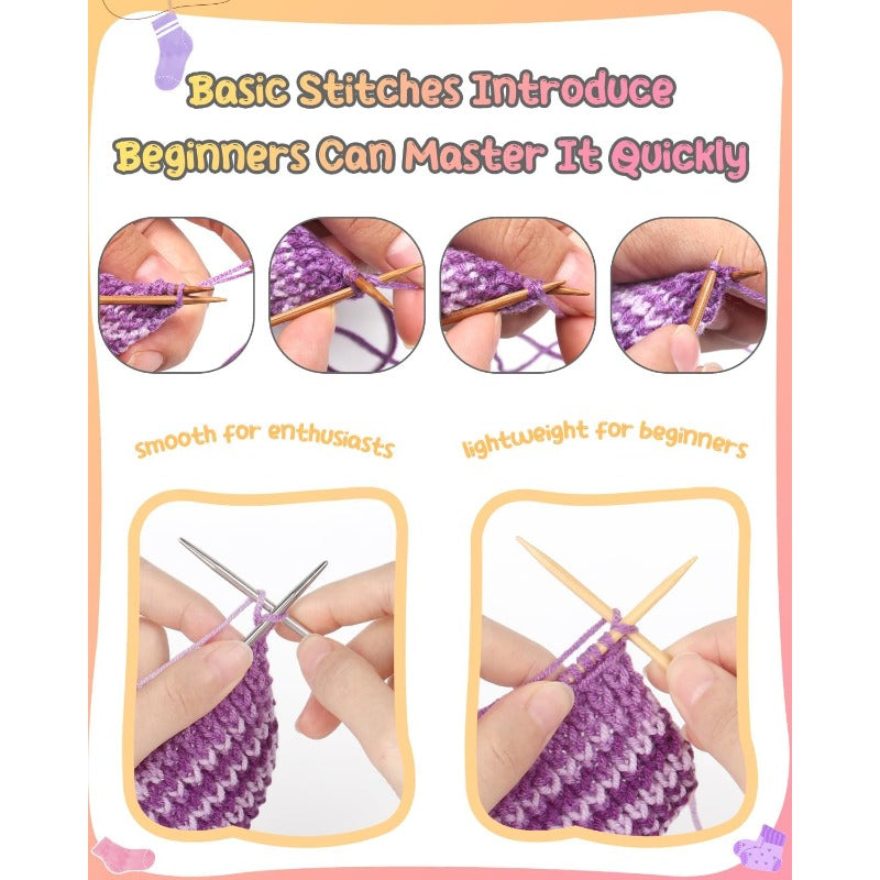 4pcs All-in-One Beginner Knitting Kit for Adults - Complete Step-by-Step Video Tutorial & E-Book Style Guide with 4 Color-Changing Sock Patterns | Yarn, 4 Knitting Needles & Detailed Instructions | All-Season Craft Set for So