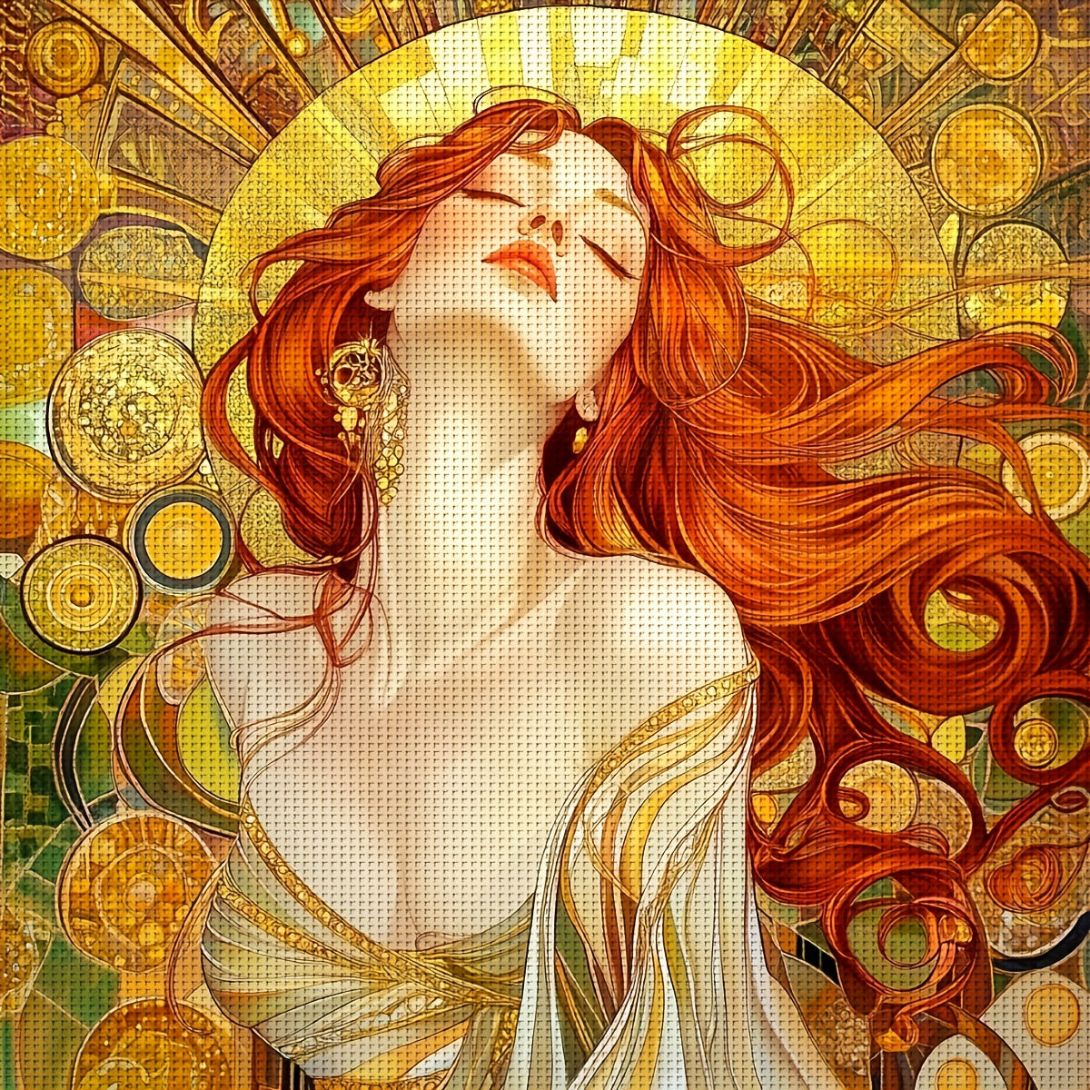 JOZYSH 1pc 15.75x15.75inch DIY Cross Stitch Kit - Vibrant Red-Haired Woman with Golden Earrings, Intricate Patterns, Perfect for Living Room or Bedroom Decor, All-Season Home Art Gift, Seasonal Home Decor|Vibrant Artwork|Deta