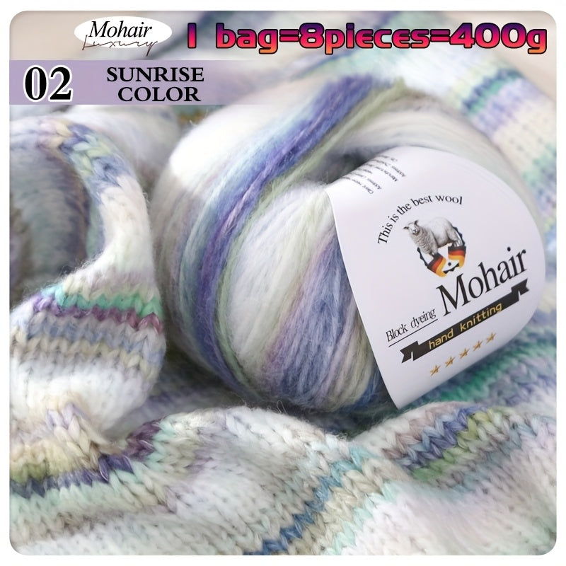 1 Bag = 8 Balls = 400g Multicolor Self-Striping Mohair Yarn | Fashion Sweaters, Coats, Shawls, Trench Coats, Scarves, Hats, Gloves, Clothing Accessories - Polyester 80%, Wool 10%, Nylon 10%