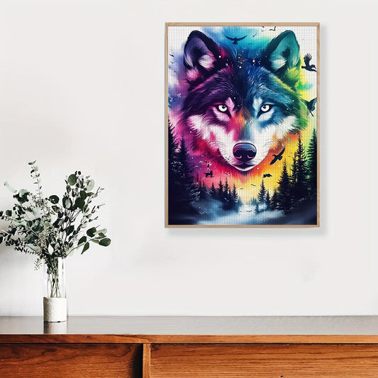 1pc Wolf Cross Stitch DIY Kit - 30x40cm/11.8x15.7" | Vibrant Forest & Moonlit Sky Design | Easy-to-Follow Pattern for Beginners | Includes Canvas, Needles, Threads, and Instructions | Perfect for Home & Office Decor | Ideal G