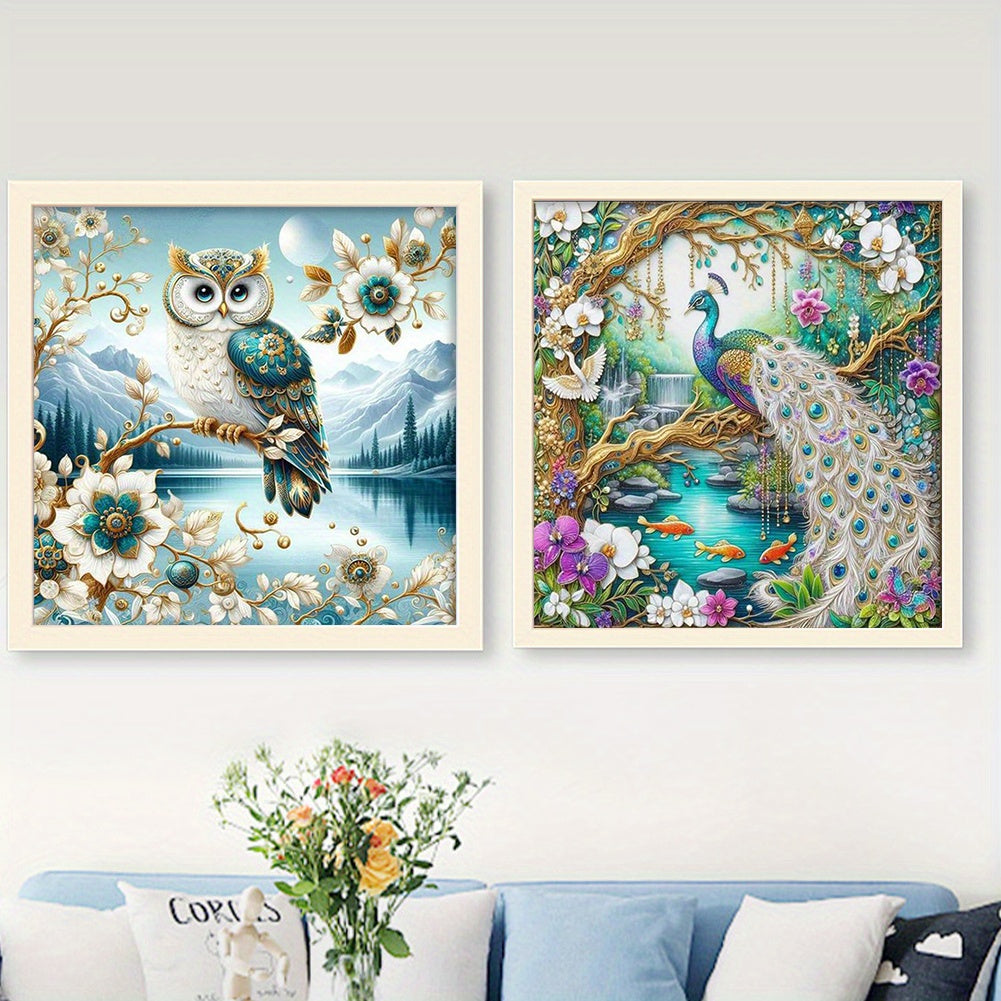 2pcs Extra Large 45x45cm (17.7x17.7in) Cross Stitch Kits with Pre-Printed Numbered Fabric - All-in-One DIY Embroidery Set with Color-Coded Threads & Needles for Owl, Peacock, Floral & Bird Patterns - Complete Step-by-Step Ins