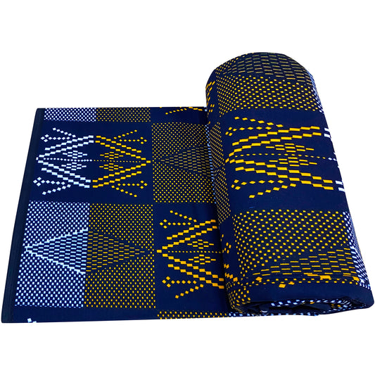 Large W&F Ankara African Wax-print Fabric - 100% Vibrant Blue & Golden Floral Pattern, 6 Sizes for Handicrafts, African Clothing & Home Decor | Hand Wash Only, Cultural Aesthetic Fabric for Sewing Projects, Fashion Designers