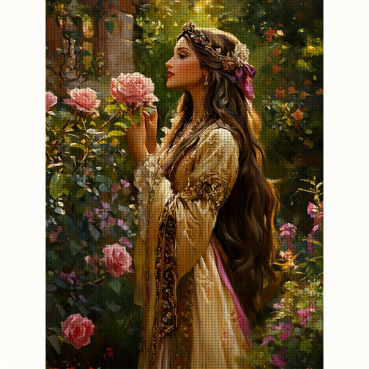 1pc JOZYSH 11CT/14CT Fabric Cross Stitch Kit - 30x40cm/11.8x15.7in/40x50cm/15.7x19.6in, Elegant Woman in Floral Garden Design, Polyester Blend, All-Season Wall Decor for Home & Office, Relaxing Craft Activity, Ideal Christmas