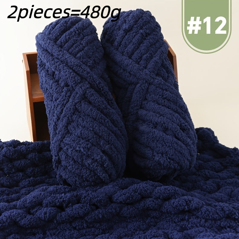 Extra Large Plush Cat Tail Chenille Yarn, Two Skeins per Pack (Total 480g, 16.93oz), for Hand Knitting and Crocheting - Fluffy Soft Giant Bulky yarn. Ideal Thumbneedle Yarn for DIY Blankets, Pet Beds, Rugs, Pillows & Home Dec