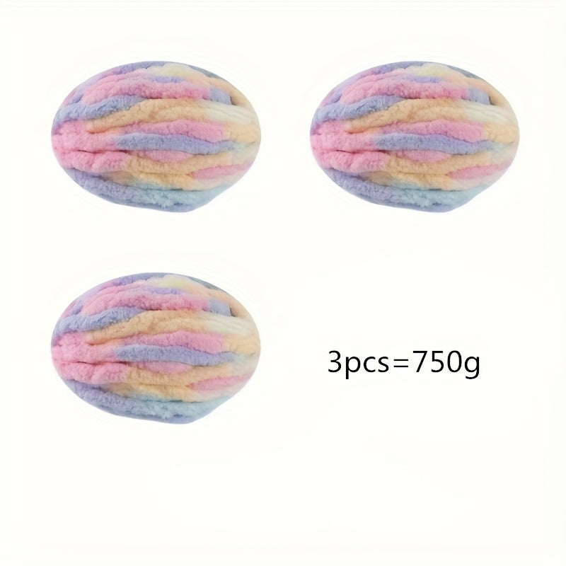 3pcs Set Super Bulky Thick Ice Yarn - Heavy-Duty Machine-Washable Chunky Braided/Ribbon Texture for DIY Knitting, Crocheting, Blankets, Hats, Scarves, Pet Beds - Gradient Color (Multicolor) Large-Scale Crafting