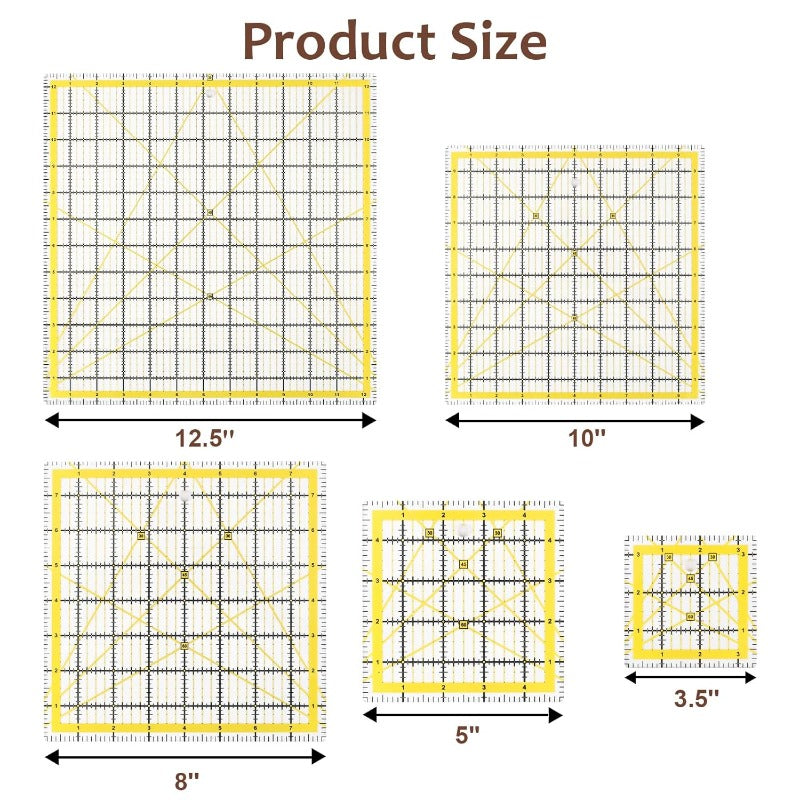 8piece Square Quilting Rulers Non Slip And Templates Acrylic Sewing Ruler Set with 24pcs Antislip Mat 3.5"X3.5" 5"X5" 8"X8" 10"X10" 12.5"X12.5" 6.5"X12" 2"X12" 3"X9" (Yellow)