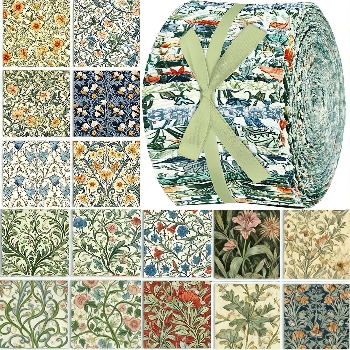 40pcs 6.5*50cm (2.55*19.7 inches) green background red flower series, articulated quilting fabric set, DIY patchwork crafts material with different patterns, hobbyist pre-cut DIY handmade doll clothes and sewing supplies.