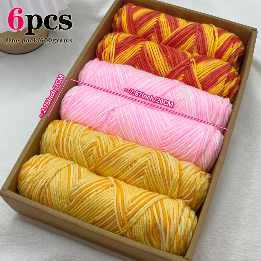 6pcs Multicolor Ombre Yarn Set | Soft Comfortable Self-Striping Acrylic Yarn for Knitting and Crochet, Ideal for Sweaters, Scarves, Hats, Gloves, Blankets, Handbags, Slippers - 600g Medium Weight