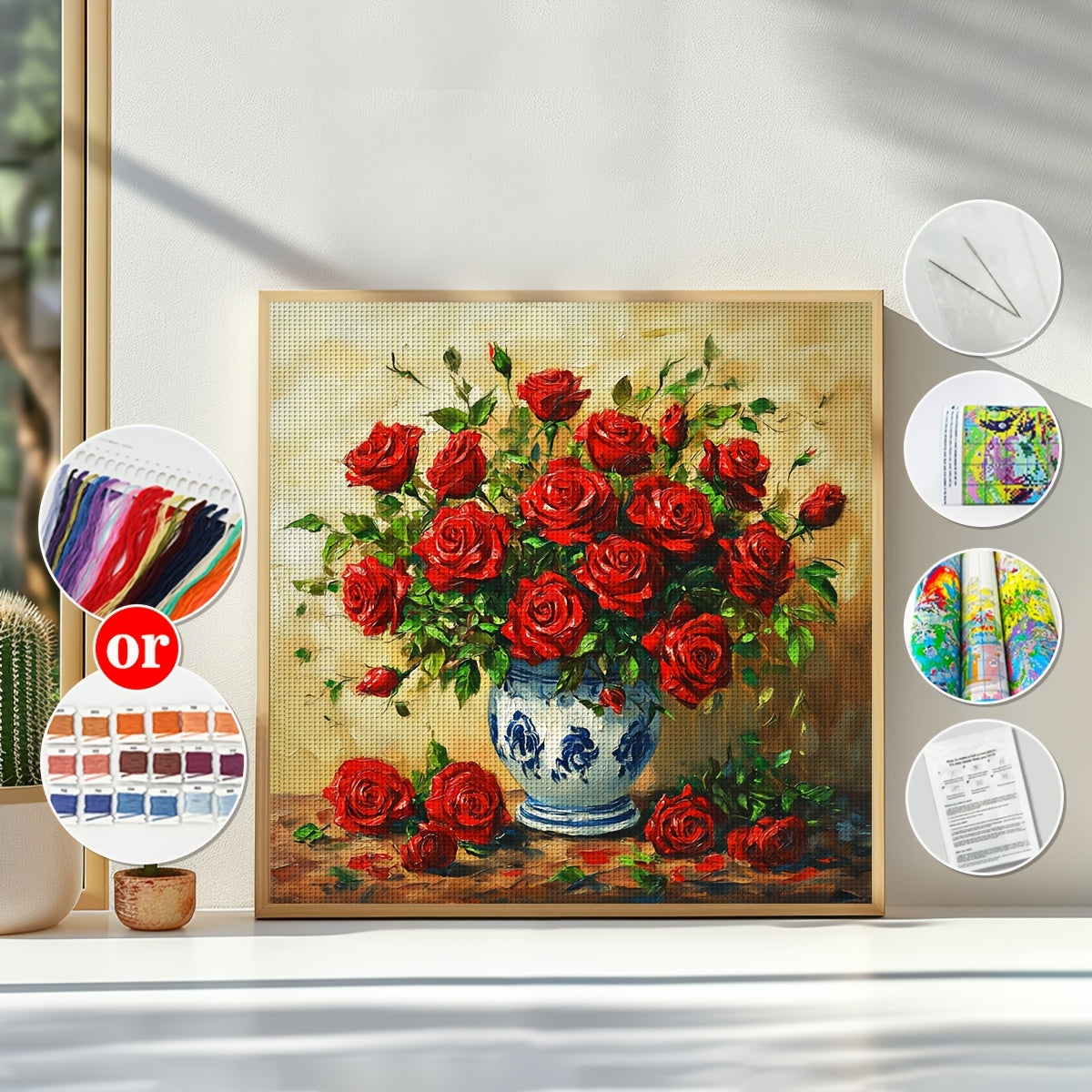 1pc JOZYSH 11CT/14CT Cross Stitch DIY Kit - Vibrant Red Rose Bouquet with Blue & White Vase, Perfect for Beginners, Includes Printed Canvas, Needles, Threads, Patterns & Instructions, Ideal for Home & Office Decor, Perfect Gi