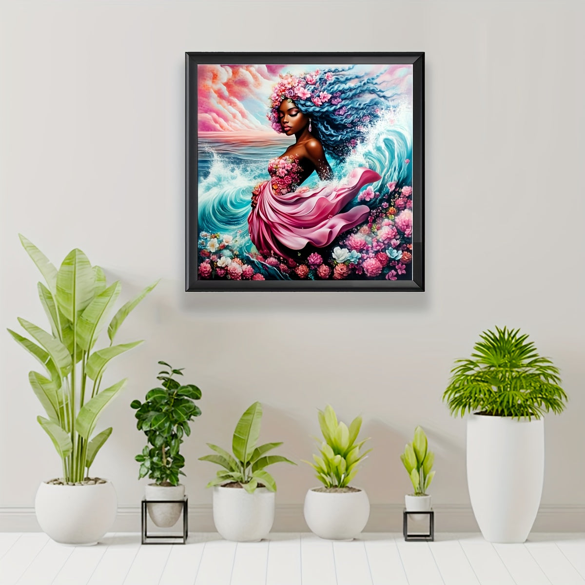 JOZYSH 1pc 40x40cm/15.7x15.7in Cross Stitch DIY Kit - Vibrant Wave & Flower Design with Black-Haired Woman, 11CT/14CT Embroidery Pattern for Beginners, Perfect for Bedroom or Living Room Wall Decor, Includes Canvas, Needle, T