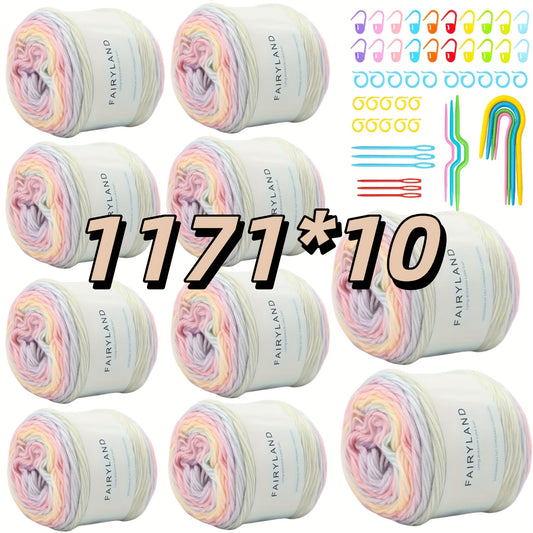 10-Piece Colored Cotton Yarn + 53-Piece Crochet Stitch Markers, Made of 60.00% Cotton, 30.00% Acrylic and 10.00% Wool for DIY Knitting Needles & Hook Sweaters Scarves Gradient Cake Line Medium Tie-Dye Hand-Knitted Material Ki