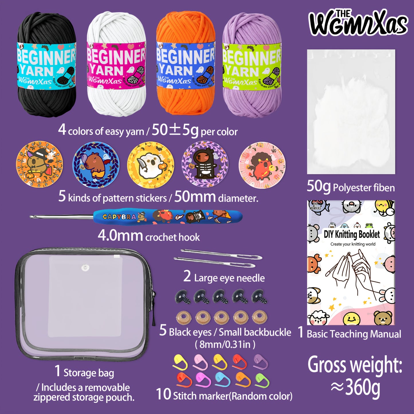 4pcs Yarn Crochet, Beginner Yarn, Crochet Yarn, Crochet Yarn with Easy-to-See Stitches, Storage Tote Bag, Straight Pins, Capybara Theme Crochet Kit, Crochet Yarn For Beginners