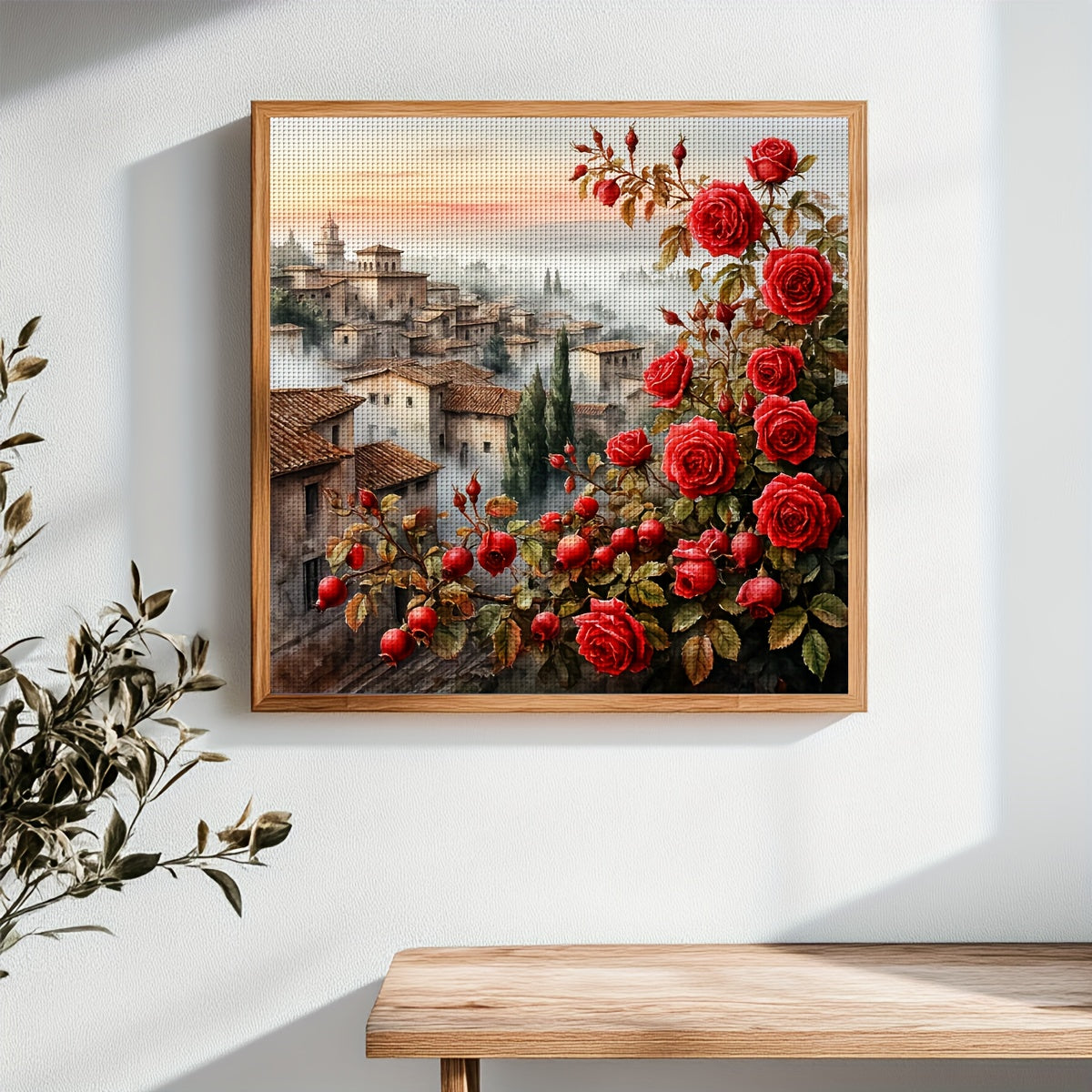 JOZYSH, 1pc, 40x40cm/15.7x15.7Inch, DIY Cross Stitch Kits, Embroidery Crafts Sets, Country of Roses, Patterned Printed Cross Stitch Kits, Random Thread Board Cross Stitch Material Kits, Living Room Entrance Bedroom Decoration