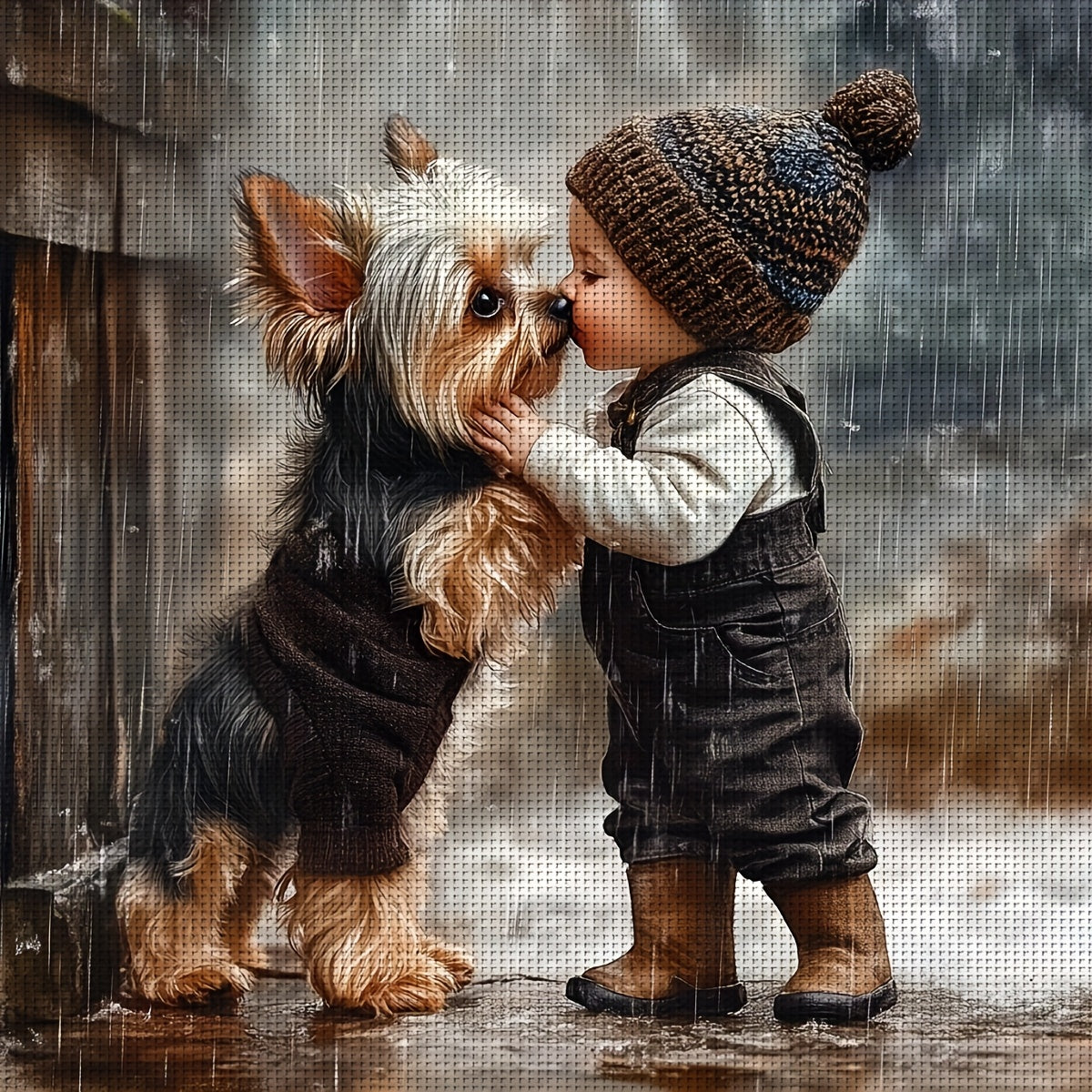 JOZYSH 1pc 11x11in Cross Stitch DIY Kit - Adorable Child and Dog Scene, All-Season Wall Decor with Frame, Includes Canvas, Needle, Thread, Pattern, and Instructions, Perfect for Bedroom or Living Room, Beginner-Friendly, Alls