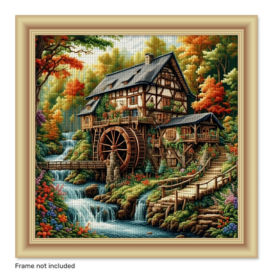 ZUOANLF DIY Cross Stitch Kit - 50x50cm Fabric Landscape Art | Mixed Color Autumn Watermill Scene | All-Season Home Decor with Pattern & Threads | Frameless Wall Art for Living Room, Bedroom or Entryway
