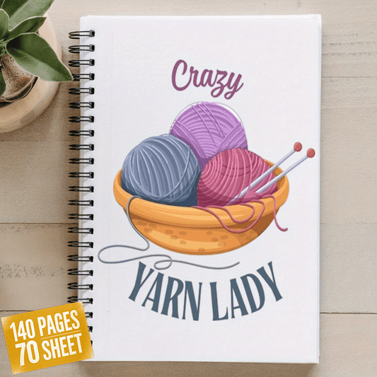 Crazy Yarn Lady's Knitting Journal & Planner - Spiral Bound Crafting Notebook with Yarn Ball & Needles Design, Knitting Patterns, Yarn Ball Tracker, Stitch Count Log, Gift for Knitters, Crochet & Fiber Arts Enthusiasts - Colo
