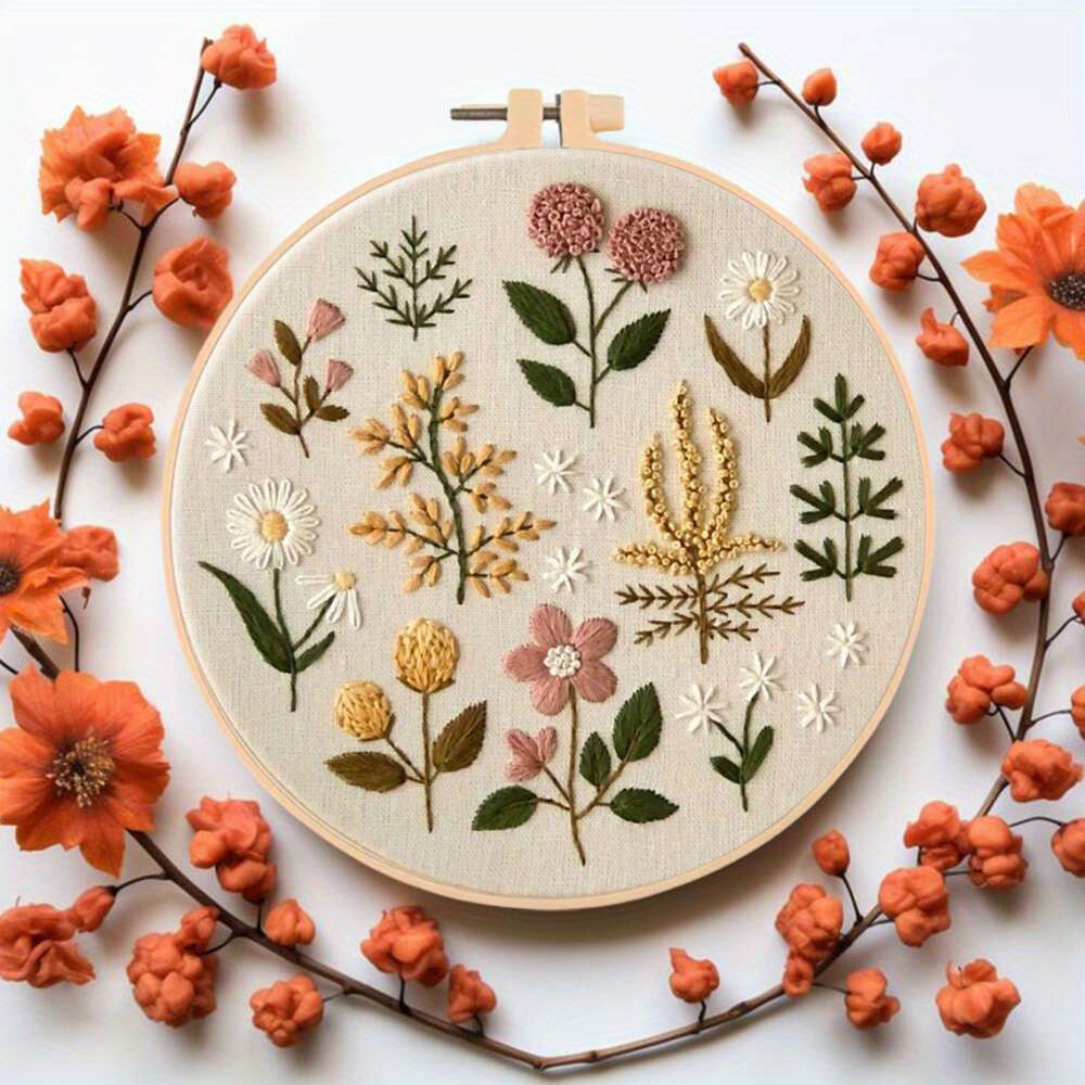1pc Flower Pattern Embroidery Kit with Hoops Embroidery Starter Kit for Beginners Cross Stitch Kits Flowers And Plants Designs Home Office Decor
