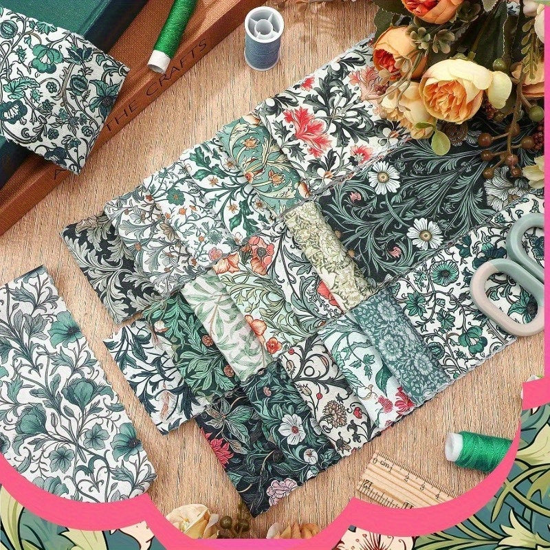 40pcs 6.5*50cm (2.55*19.7 inches) green background red flower series, articulated quilting fabric set, DIY patchwork crafts material with different patterns, hobbyist pre-cut DIY handmade doll clothes and sewing supplies.